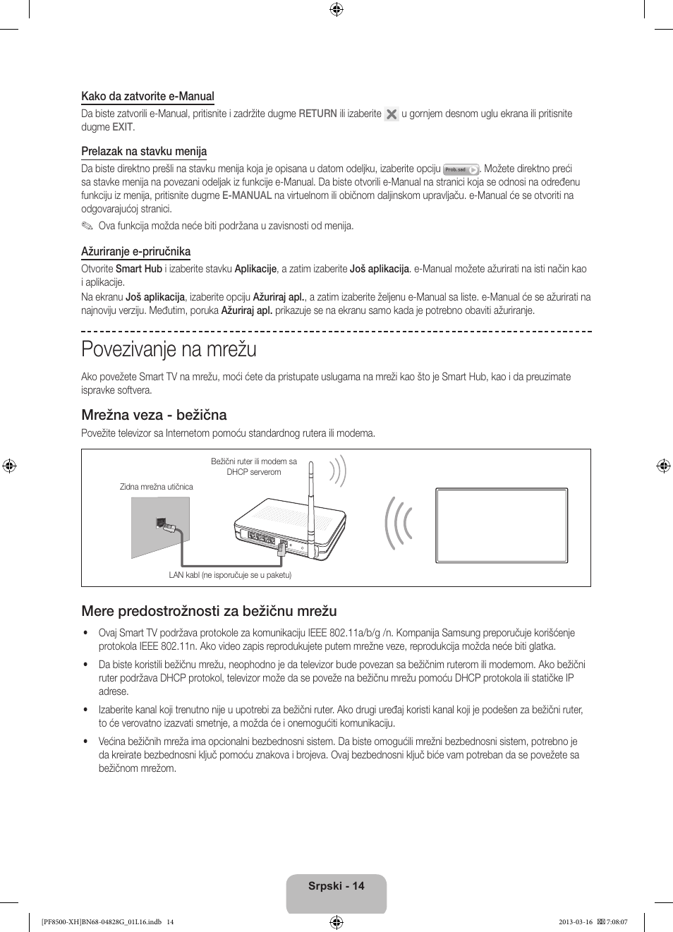 Povezivanje na mrežu, Mrežna veza - bežična, Mere predostrožnosti za bežičnu mrežu | Samsung PS64F8500SL User Manual | Page 230 / 385