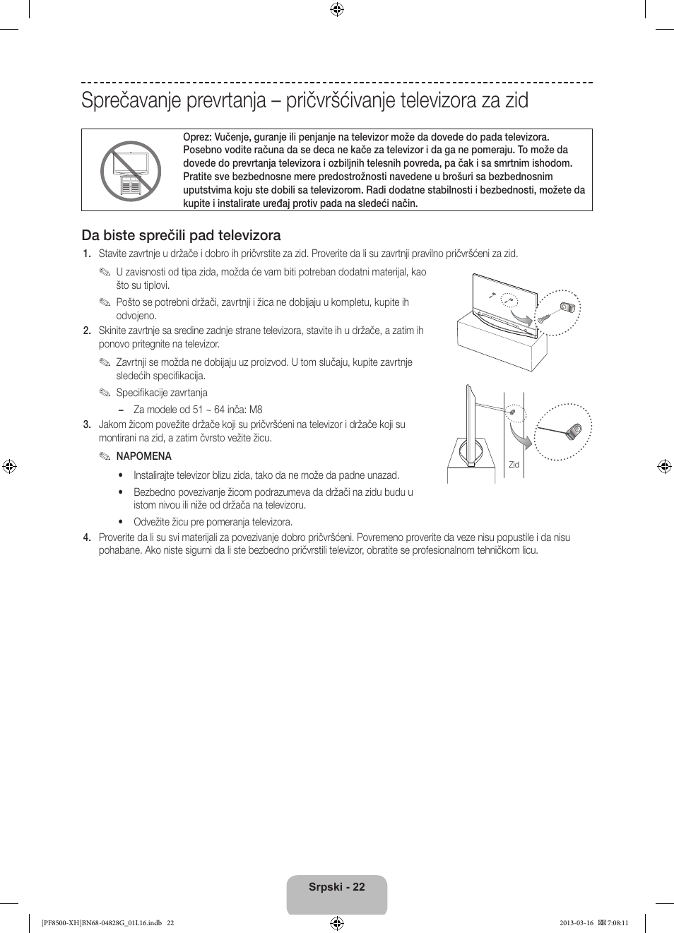 Da biste sprečili pad televizora | Samsung PS64F8500SL User Manual | Page 238 / 385
