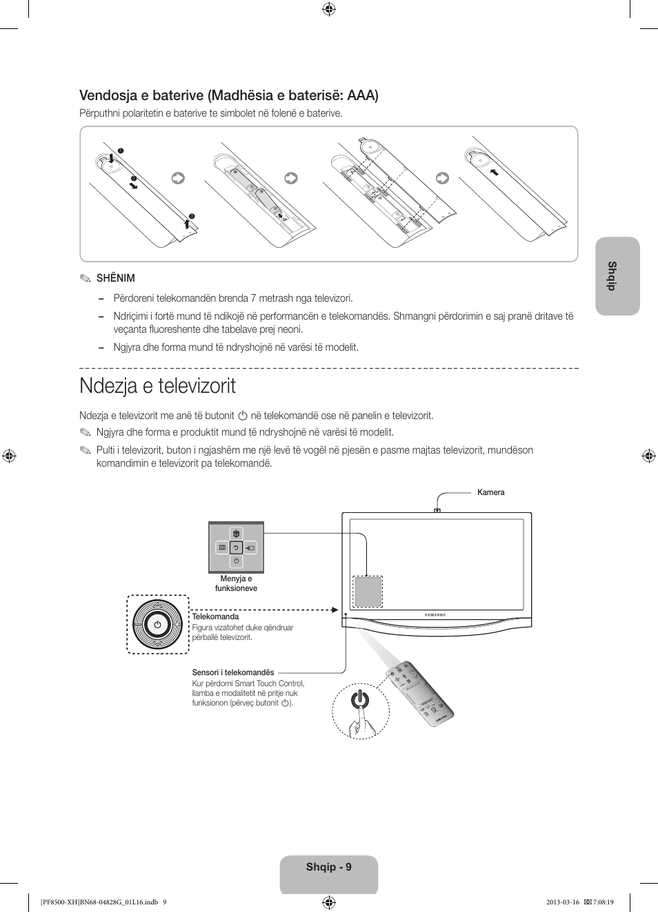 Ndezja e televizorit, Vendosja e baterive (madhësia e baterisë: aaa) | Samsung PS64F8500SL User Manual | Page 249 / 385