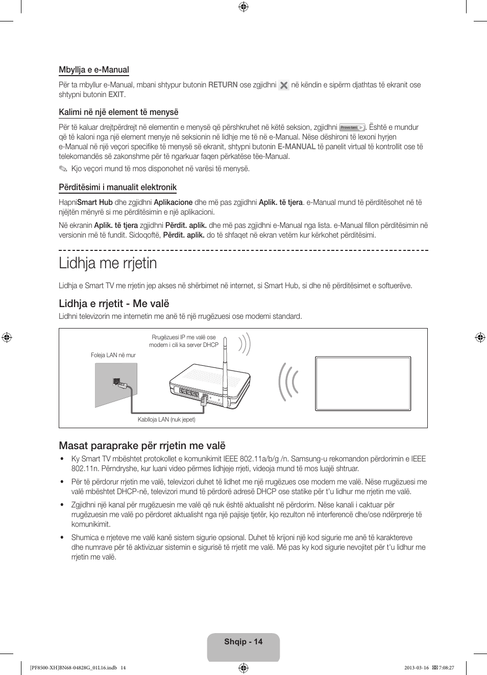 Lidhja me rrjetin, Lidhja e rrjetit - me valë, Masat paraprake për rrjetin me valë | Samsung PS64F8500SL User Manual | Page 254 / 385