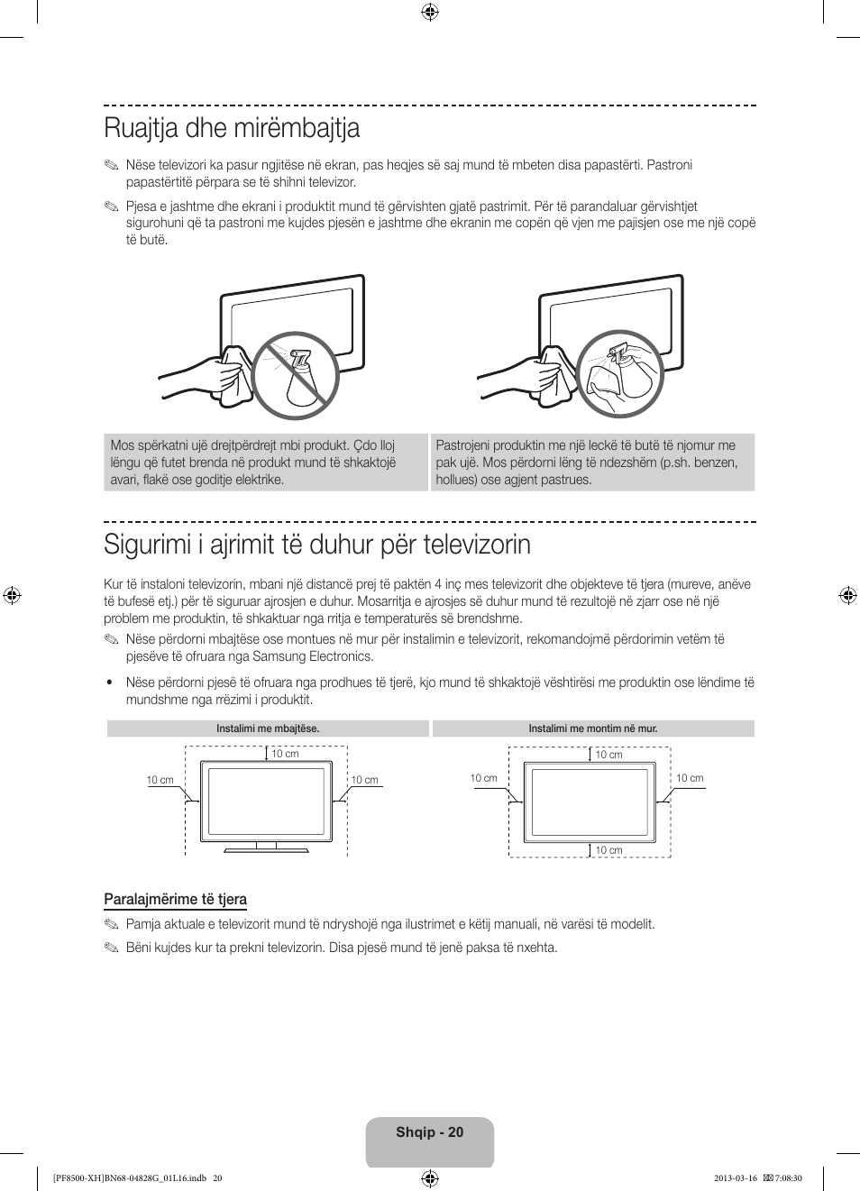Ruajtja dhe mirëmbajtja, Sigurimi i ajrimit të duhur për televizorin | Samsung PS64F8500SL User Manual | Page 260 / 385