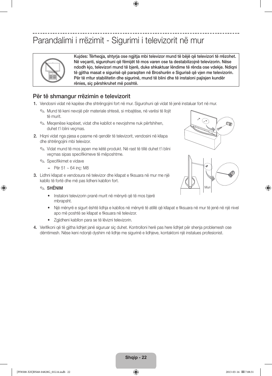Për të shmangur rrëzimin e televizorit | Samsung PS64F8500SL User Manual | Page 262 / 385