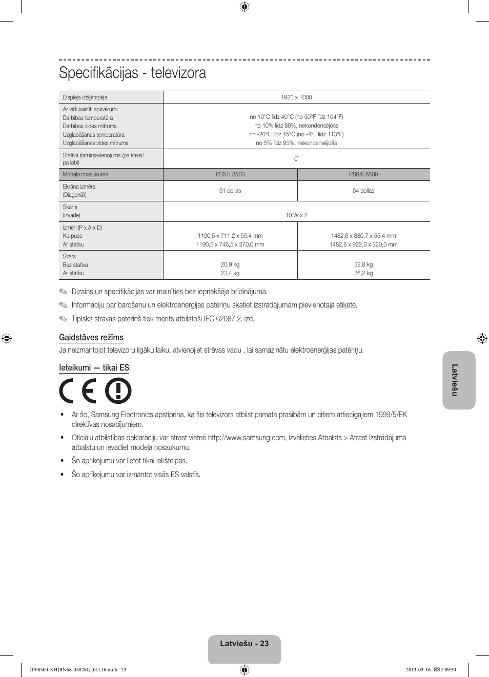 Specifikācijas - televizora | Samsung PS64F8500SL User Manual | Page 335 / 385