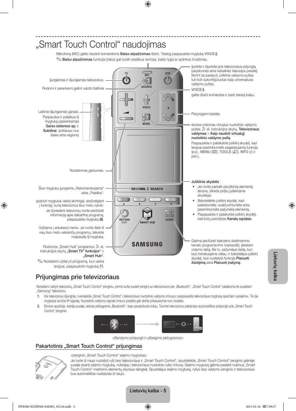 Smart touch control“ naudojimas, Prijungimas prie televizoriaus, Pakartotinis „smart touch control“ prijungimas | Lietuvių kalba - 5 lietuvių kalba | Samsung PS64F8500SL User Manual | Page 341 / 385