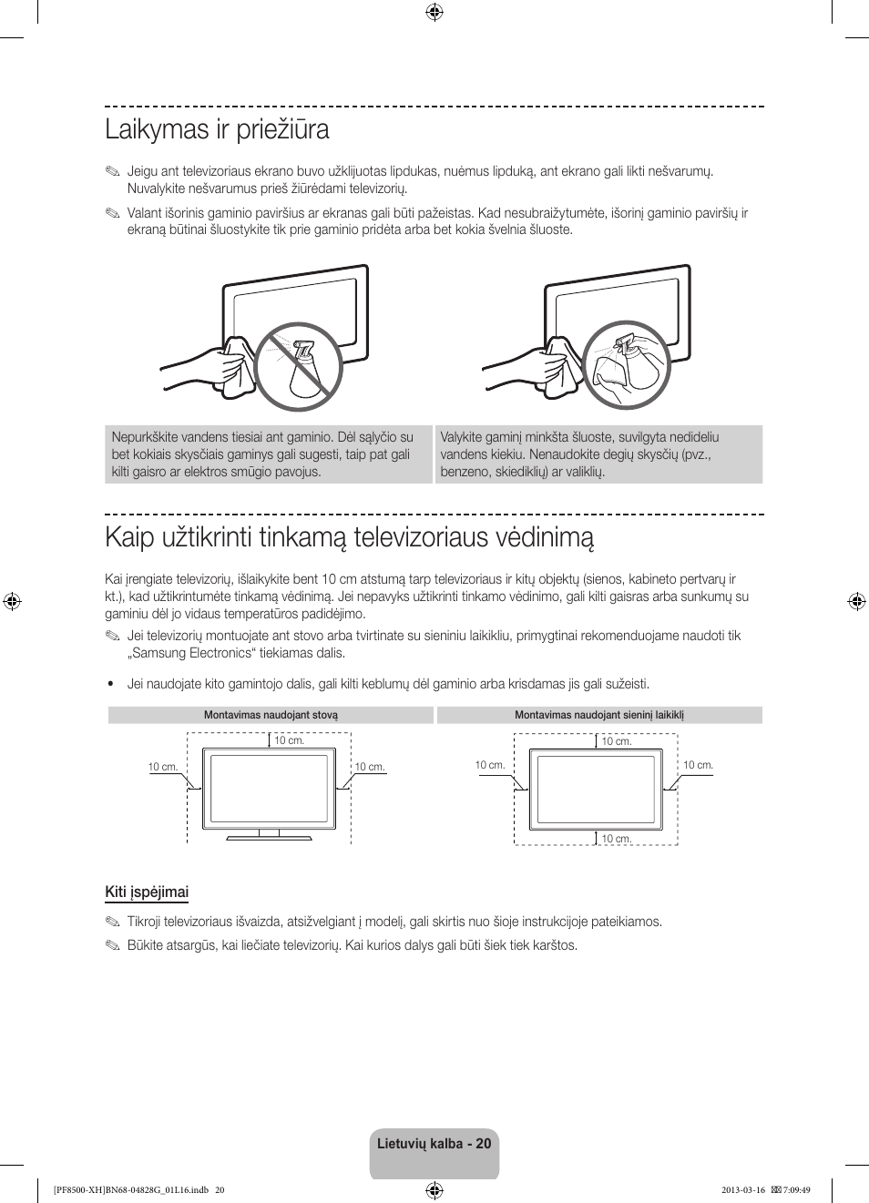 Laikymas ir priežiūra, Kaip užtikrinti tinkamą televizoriaus vėdinimą | Samsung PS64F8500SL User Manual | Page 356 / 385