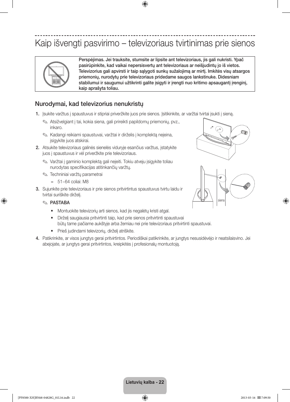 Nurodymai, kad televizorius nenukristų | Samsung PS64F8500SL User Manual | Page 358 / 385