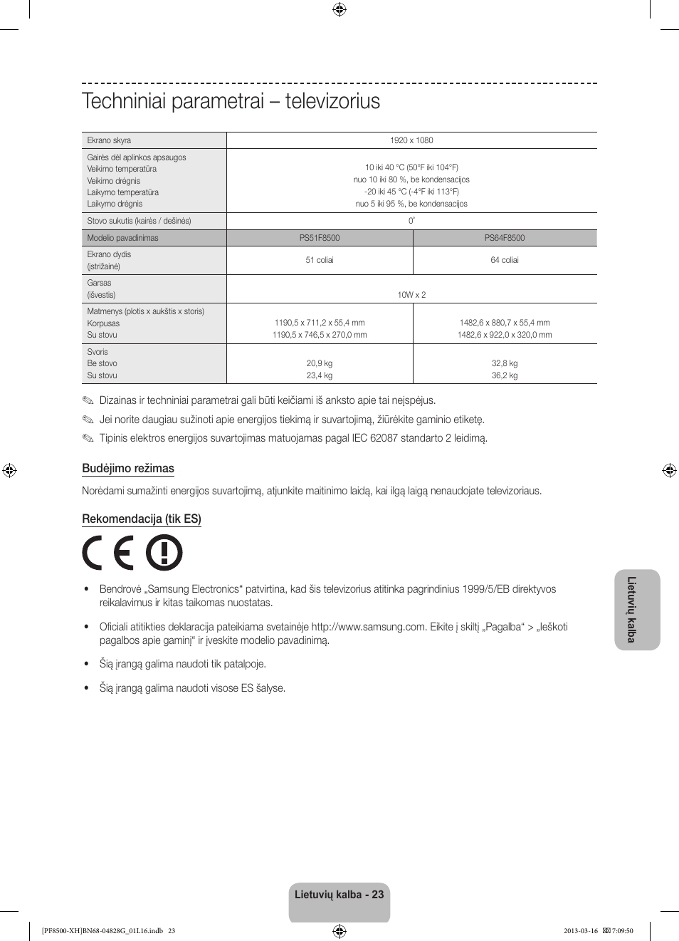Techniniai parametrai – televizorius | Samsung PS64F8500SL User Manual | Page 359 / 385