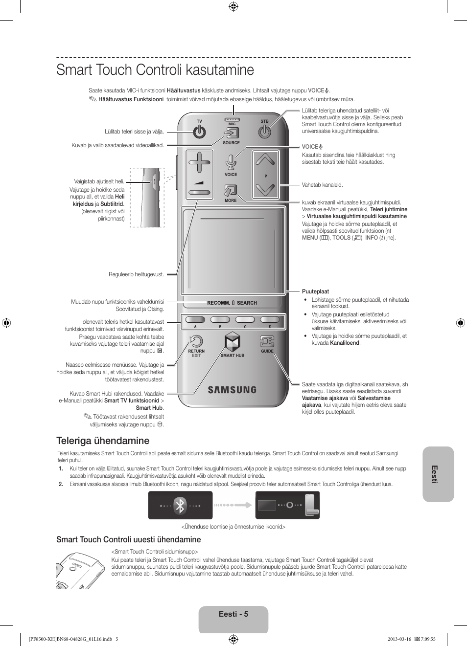 Smart touch controli kasutamine, Teleriga ühendamine, Smart touch controli uuesti ühendamine | Eesti - 5 eesti | Samsung PS64F8500SL User Manual | Page 365 / 385