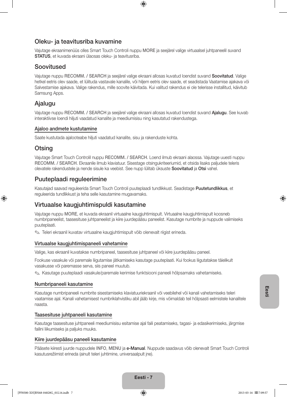 Oleku- ja teavitusriba kuvamine, Soovitused, Ajalugu | Otsing, Puuteplaadi reguleerimine, Virtuaalse kaugjuhtimispuldi kasutamine | Samsung PS64F8500SL User Manual | Page 367 / 385