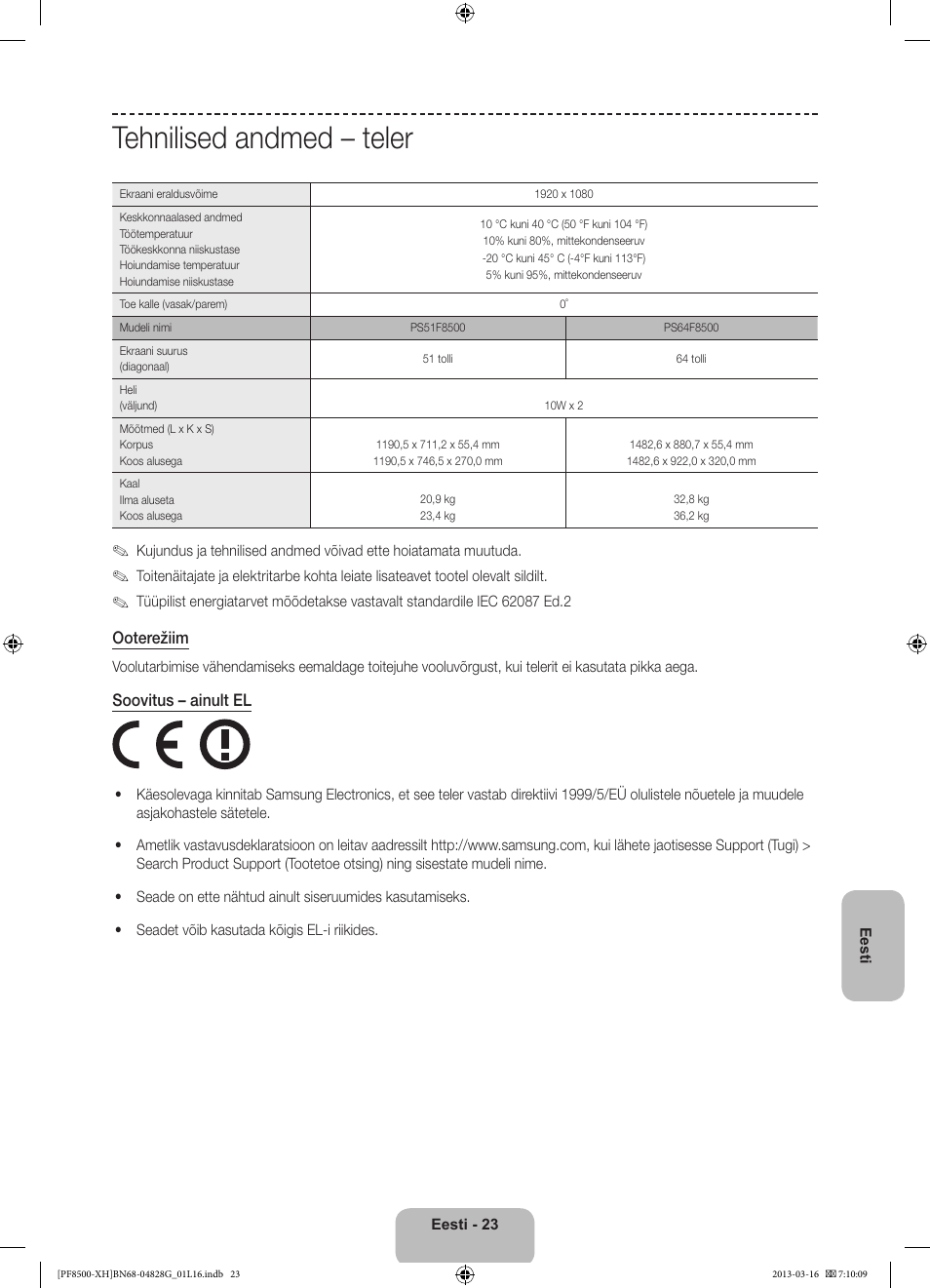 Tehnilised andmed – teler | Samsung PS64F8500SL User Manual | Page 383 / 385