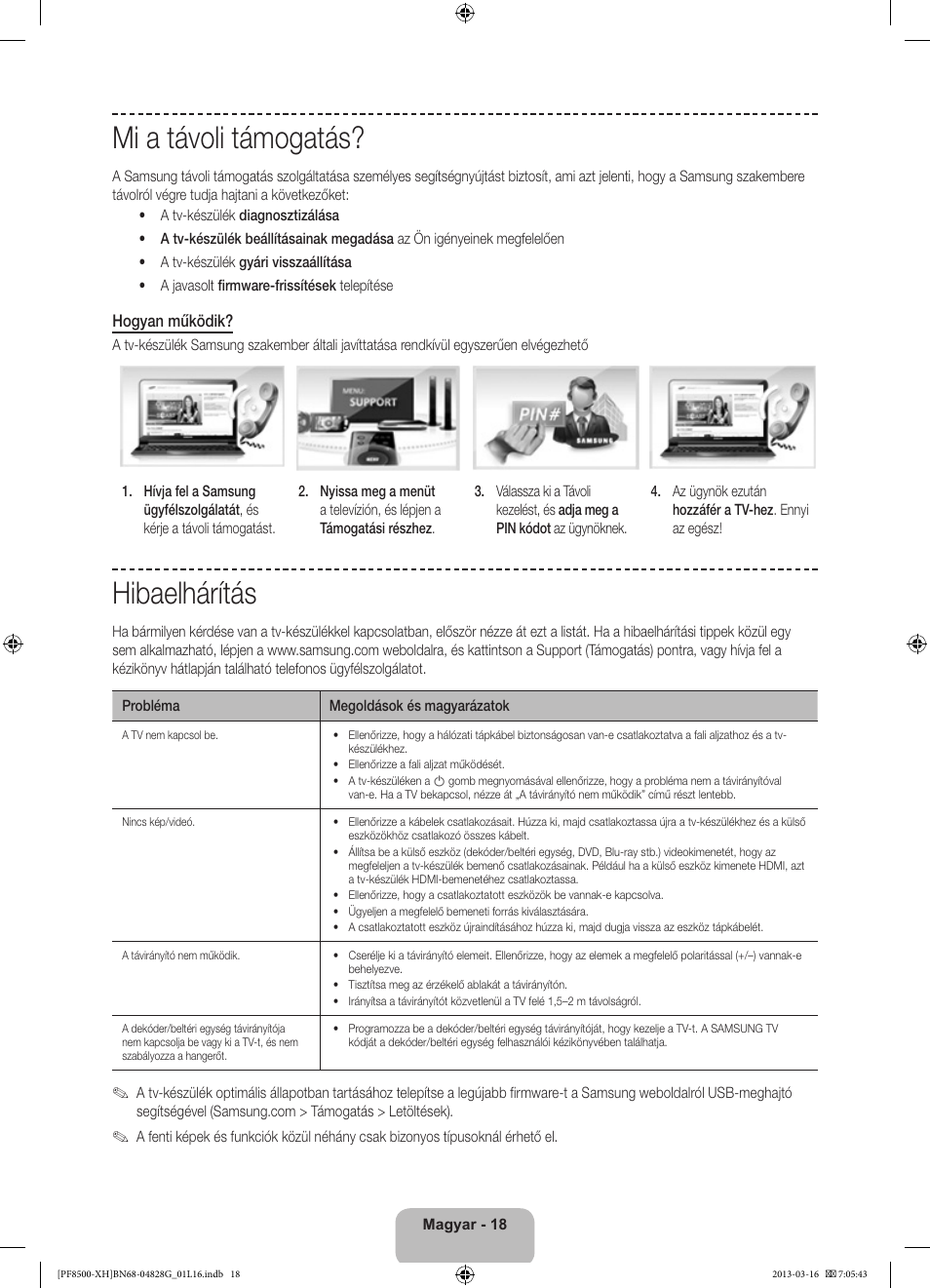 Mi a távoli támogatás, Hibaelhárítás | Samsung PS64F8500SL User Manual | Page 42 / 385