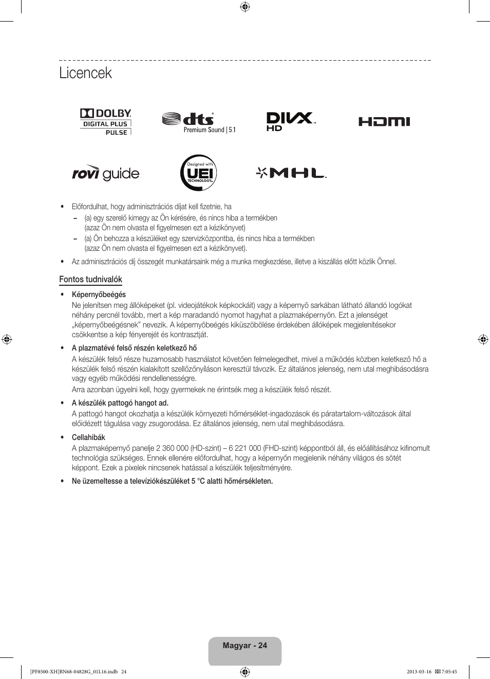 Licencek | Samsung PS64F8500SL User Manual | Page 48 / 385