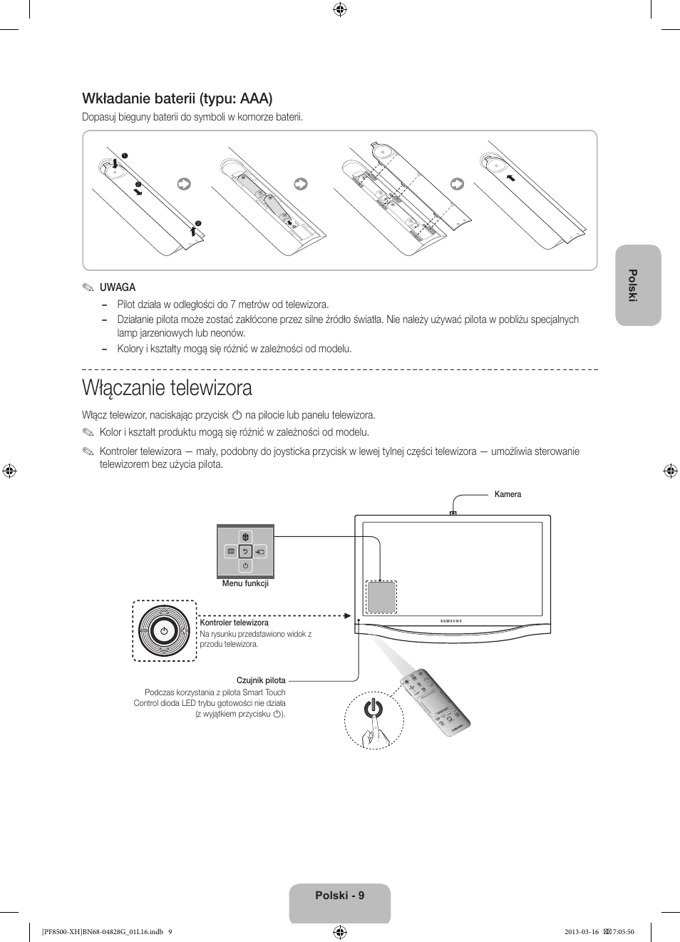 Włączanie telewizora, Wkładanie baterii (typu: aaa) | Samsung PS64F8500SL User Manual | Page 57 / 385