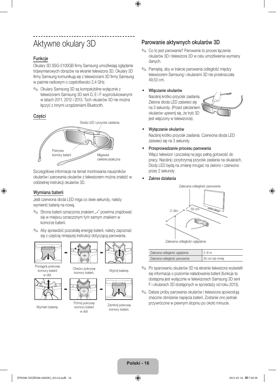 Aktywne okulary 3d, Parowanie aktywnych okularów 3d | Samsung PS64F8500SL User Manual | Page 64 / 385