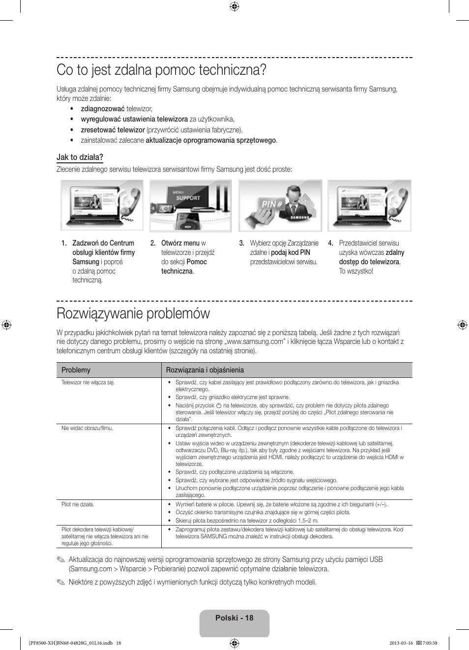 Co to jest zdalna pomoc techniczna, Rozwiązywanie problemów | Samsung PS64F8500SL User Manual | Page 66 / 385
