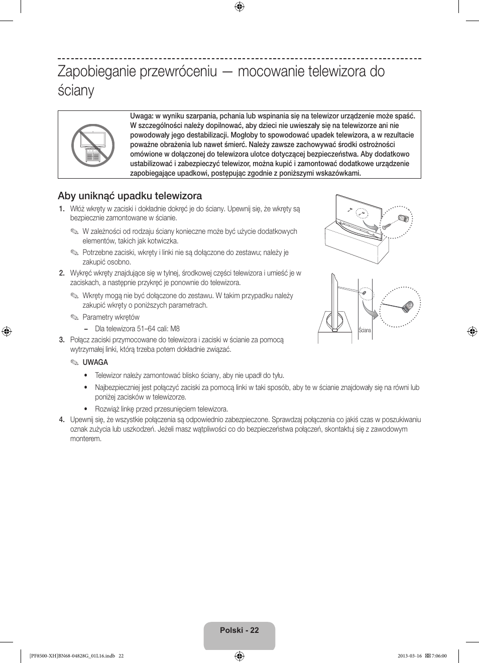 Aby uniknąć upadku telewizora | Samsung PS64F8500SL User Manual | Page 70 / 385