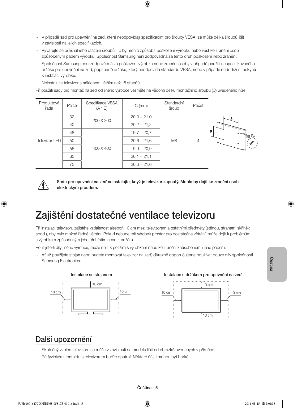 Zajištění dostatečné ventilace televizoru, Další upozornění | Samsung UE48H6470SS User Manual | Page 137 / 353