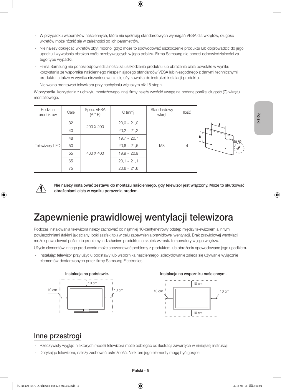 Zapewnienie prawidłowej wentylacji telewizora, Inne przestrogi | Samsung UE48H6470SS User Manual | Page 49 / 353