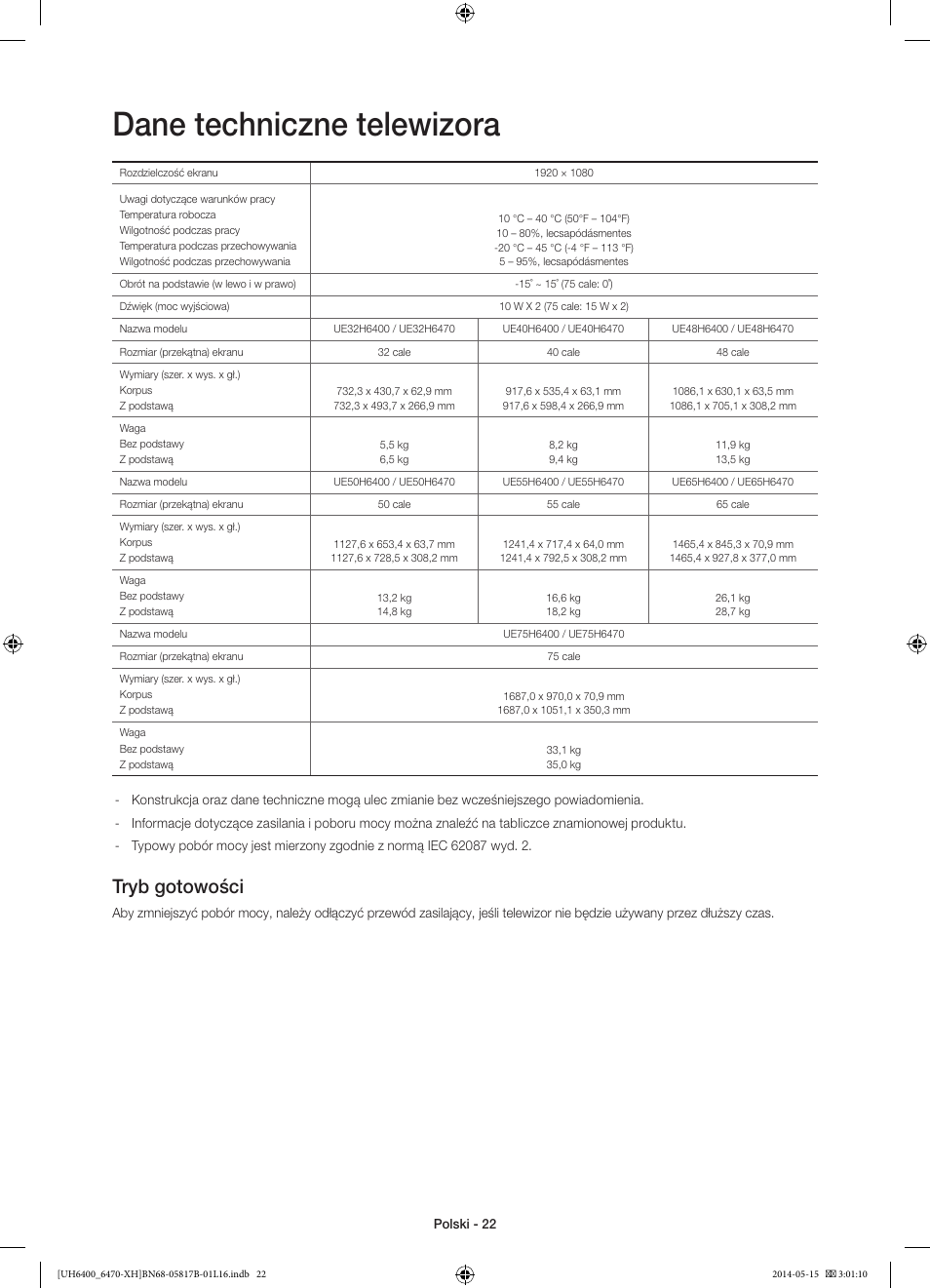 Dane techniczne telewizora, Tryb gotowości | Samsung UE48H6470SS User Manual | Page 66 / 353