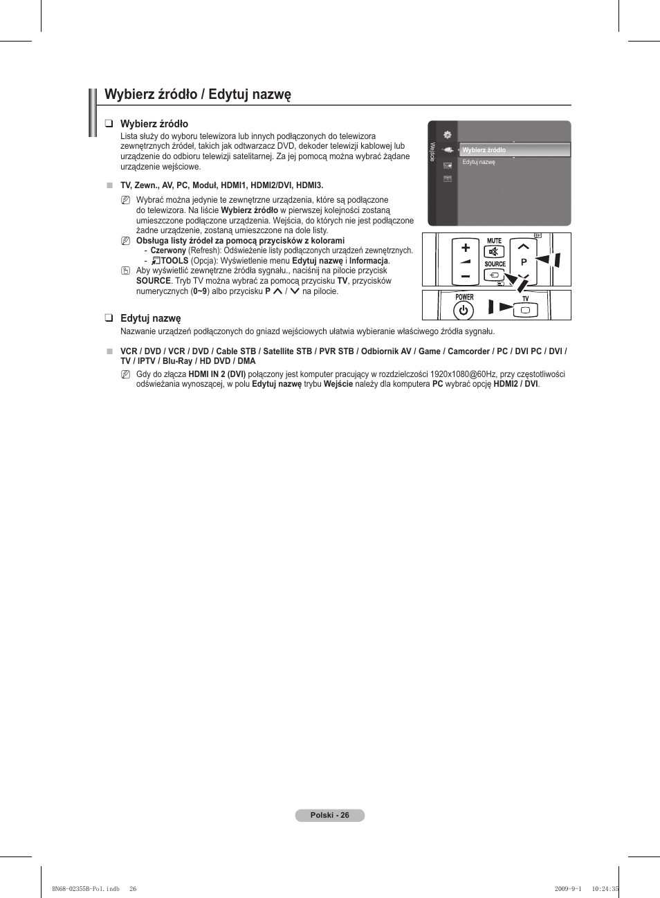 Wybierz źródło / edytuj nazwę | Samsung PS50B530S2W User Manual | Page 102 / 382