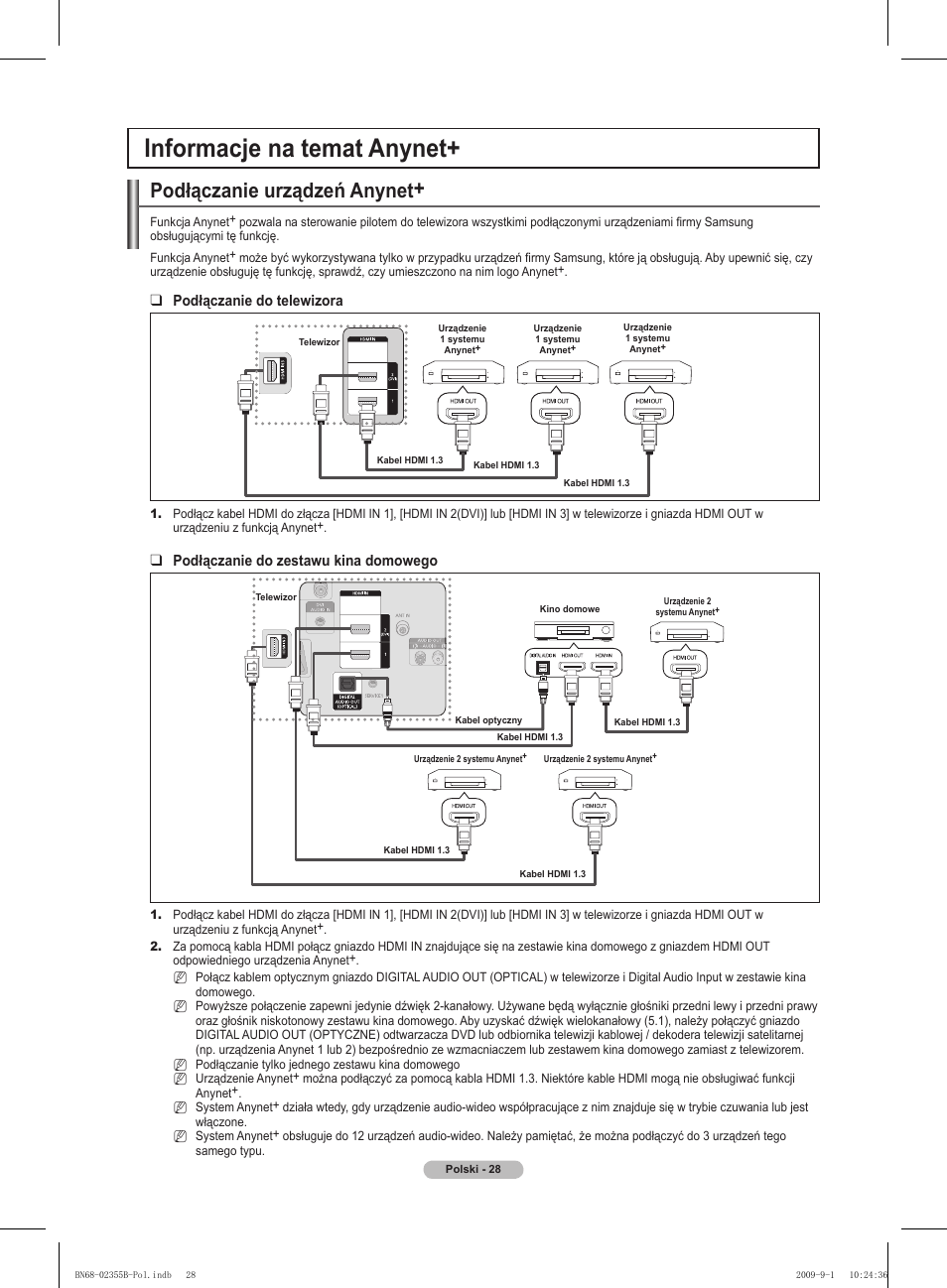 Informacje na temat anynet, Podłączanie urządzeń anynet | Samsung PS50B530S2W User Manual | Page 104 / 382
