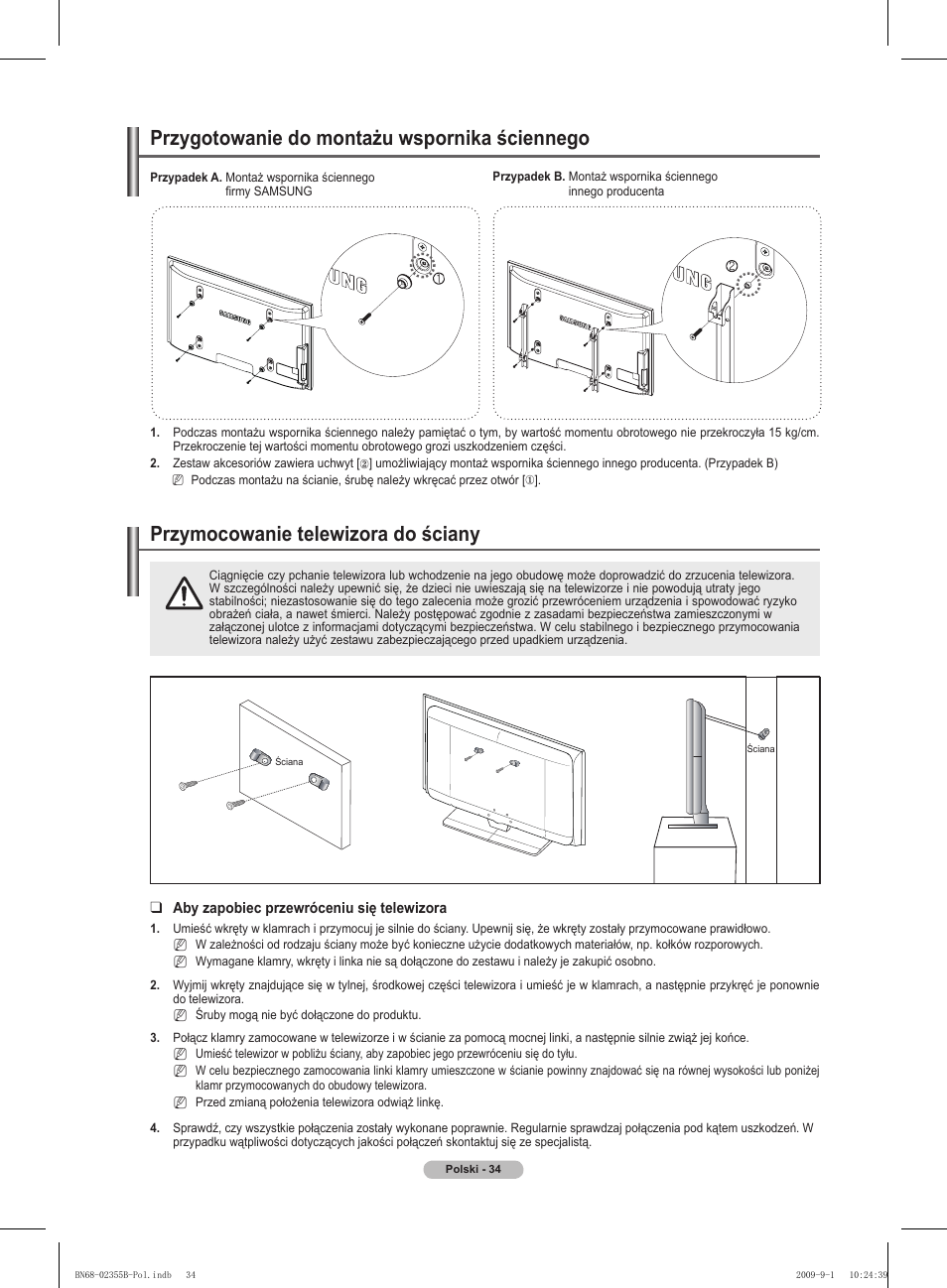 경고 주의 경고 주의, Przymocowanie telewizora do ściany, Przygotowanie do montażu wspornika ściennego | Samsung PS50B530S2W User Manual | Page 110 / 382
