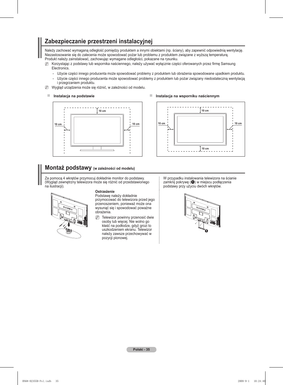 Zabezpieczanie przestrzeni instalacyjnej, Montaż podstawy | Samsung PS50B530S2W User Manual | Page 111 / 382