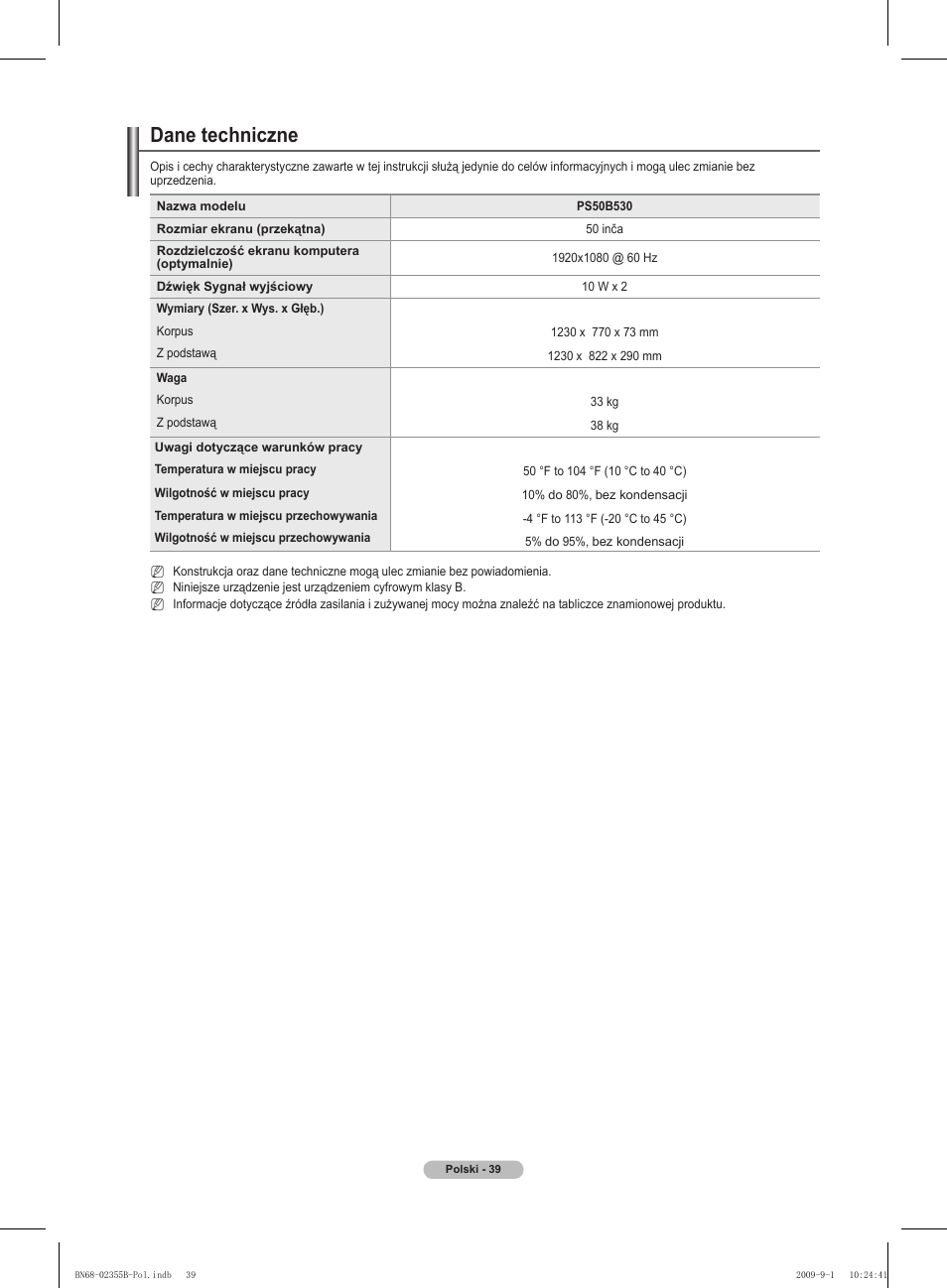 Dane techniczne | Samsung PS50B530S2W User Manual | Page 115 / 382