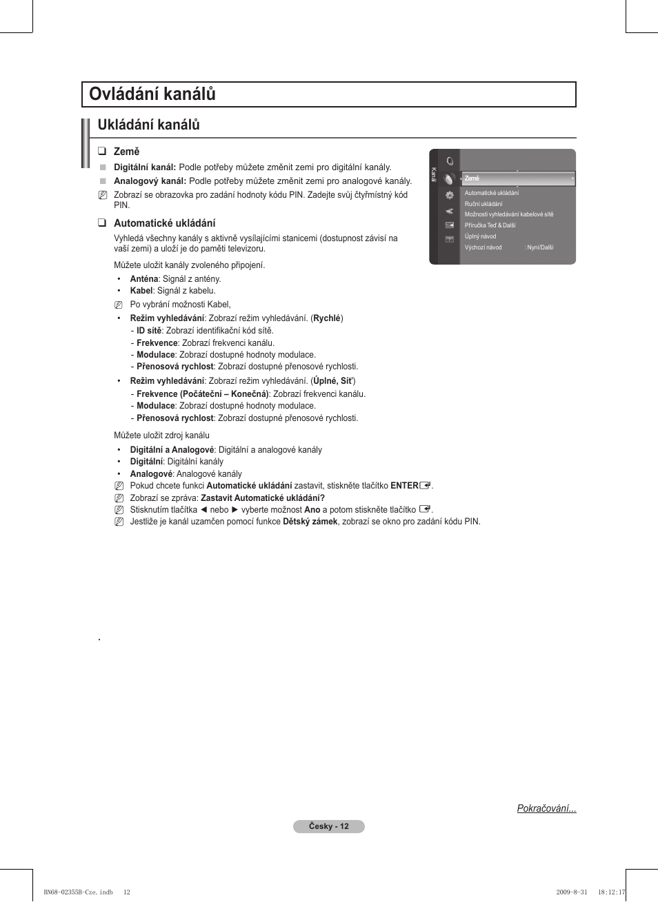 Ovládání kanálů, Ukládání kanálů | Samsung PS50B530S2W User Manual | Page 202 / 382