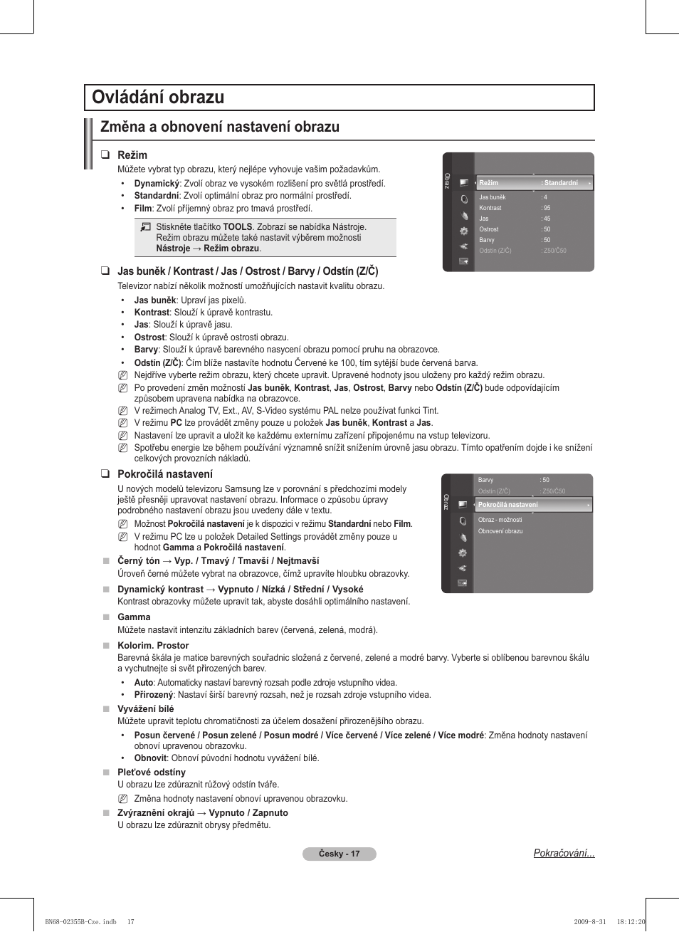 Ovládání obrazu, Změna a obnovení nastavení obrazu | Samsung PS50B530S2W User Manual | Page 207 / 382