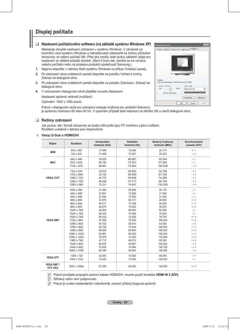 Displej počítače, Režimy zobrazení | Samsung PS50B530S2W User Manual | Page 210 / 382