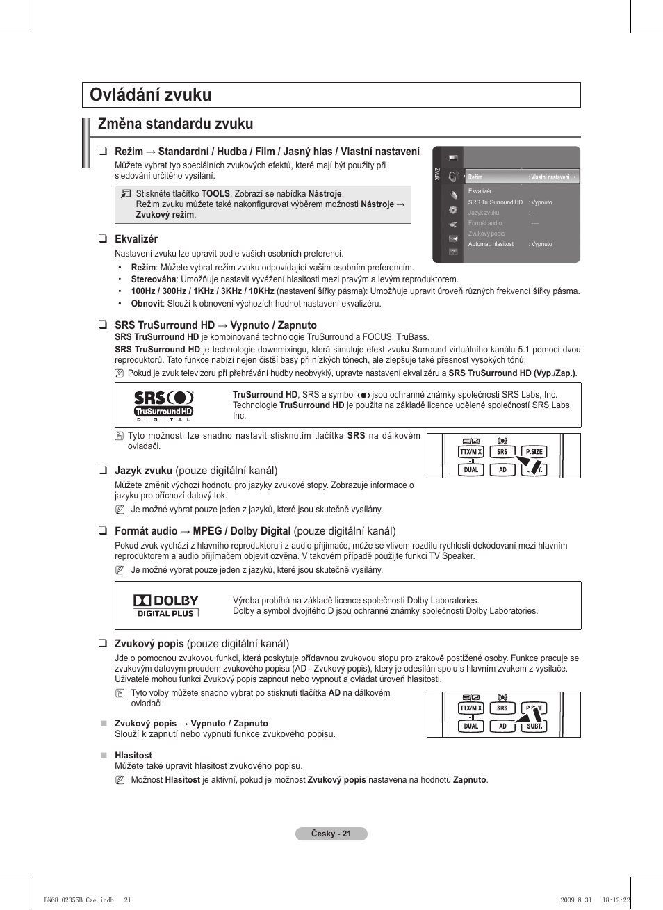 Ovládání zvuku, Změna standardu zvuku | Samsung PS50B530S2W User Manual | Page 211 / 382