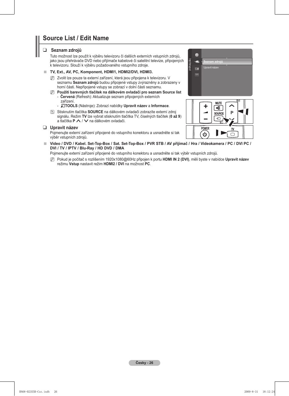 Source list / edit name | Samsung PS50B530S2W User Manual | Page 216 / 382