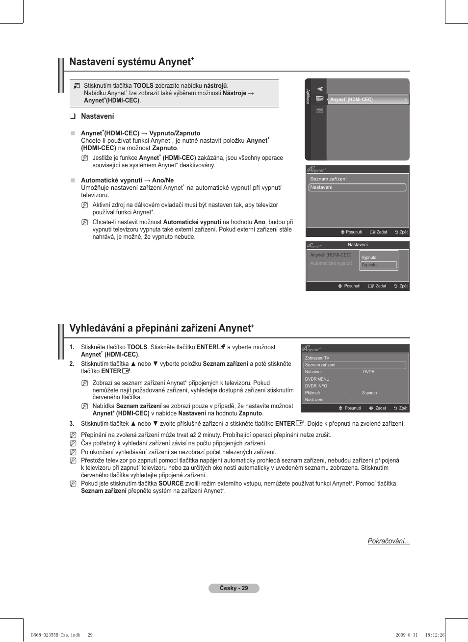 Vyhledávání a přepínání zařízení anynet, Nastavení systému anynet, Nastavení | Samsung PS50B530S2W User Manual | Page 219 / 382