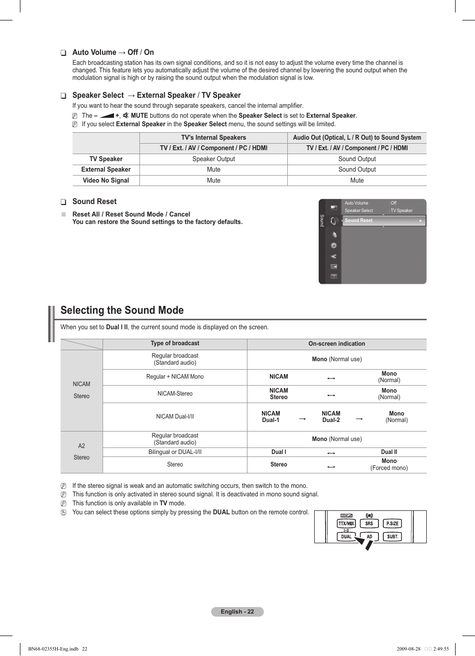 Selecting the sound mode | Samsung PS50B530S2W User Manual | Page 22 / 382