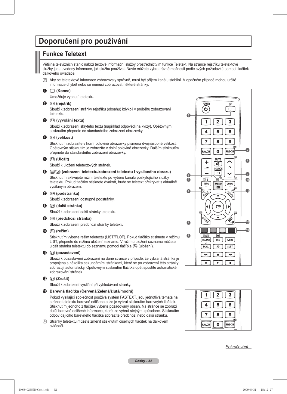 Doporučení pro používání, Funkce teletext | Samsung PS50B530S2W User Manual | Page 222 / 382