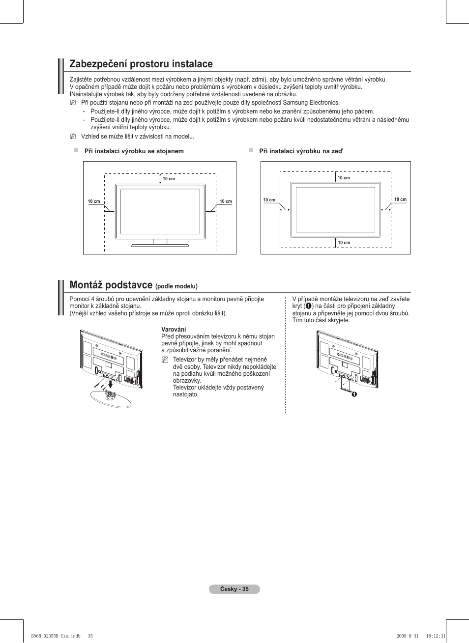 Zabezpečení prostoru instalace, Montáž podstavce | Samsung PS50B530S2W User Manual | Page 225 / 382