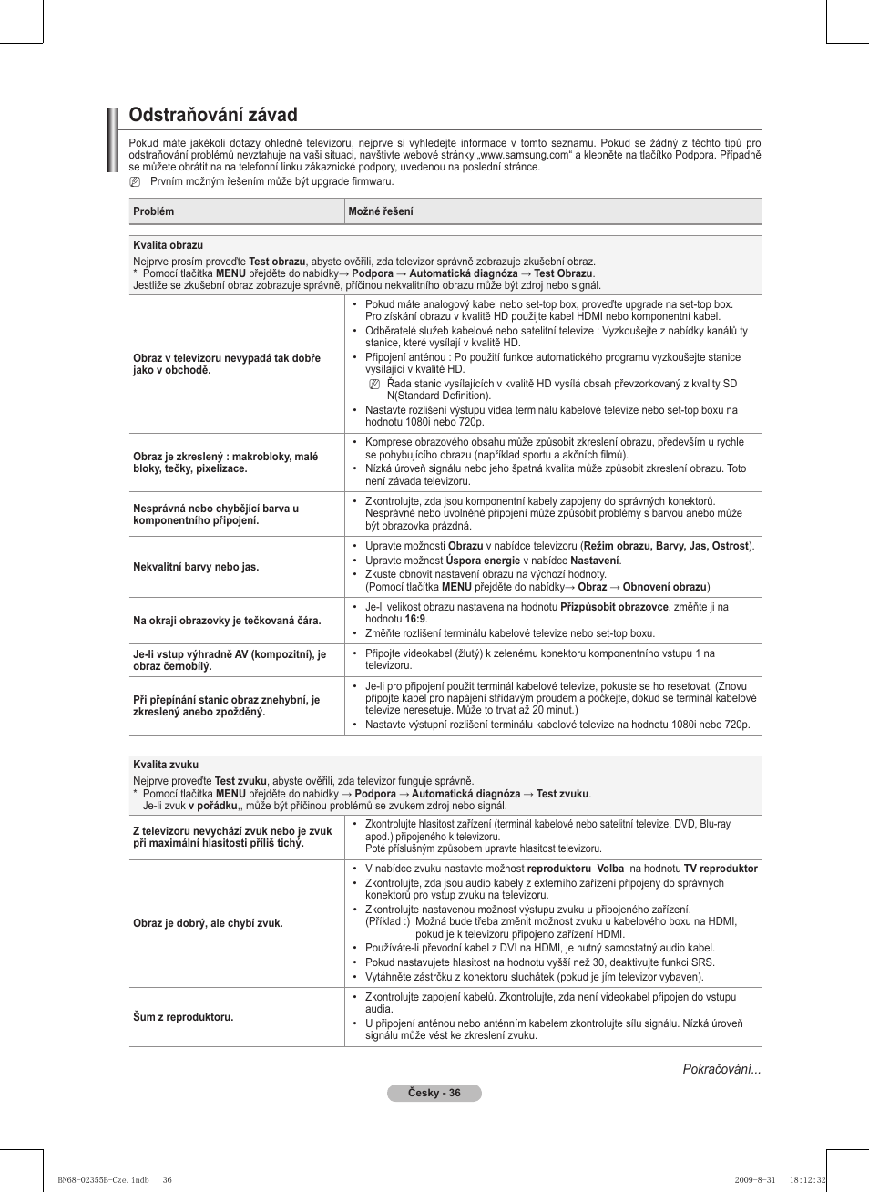 Odstraňování závad | Samsung PS50B530S2W User Manual | Page 226 / 382
