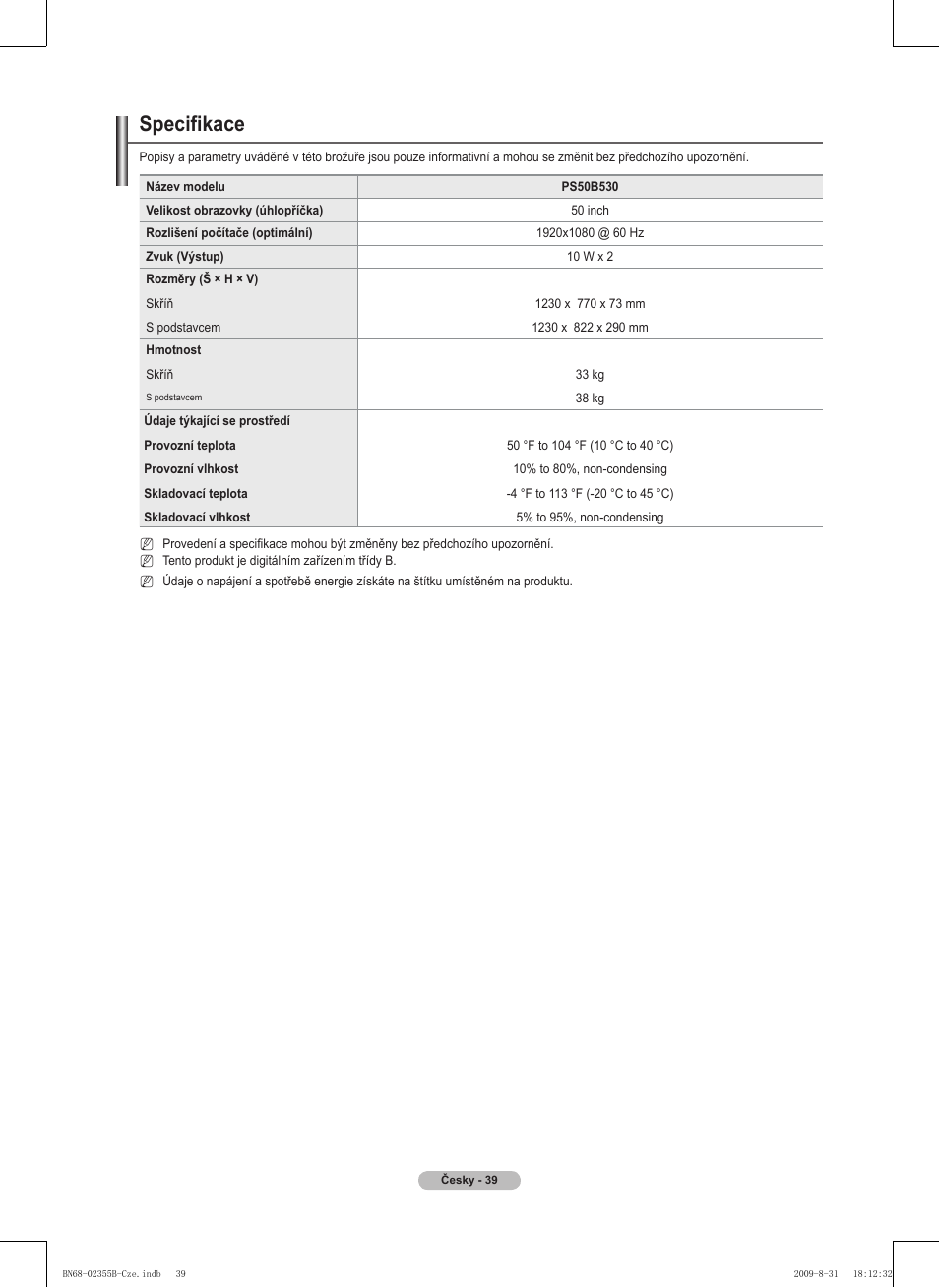 Specifikace | Samsung PS50B530S2W User Manual | Page 229 / 382