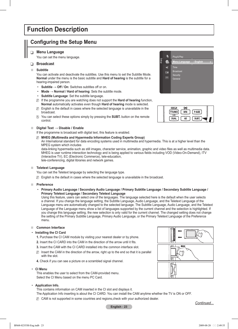Function description, Configuring the setup menu | Samsung PS50B530S2W User Manual | Page 23 / 382