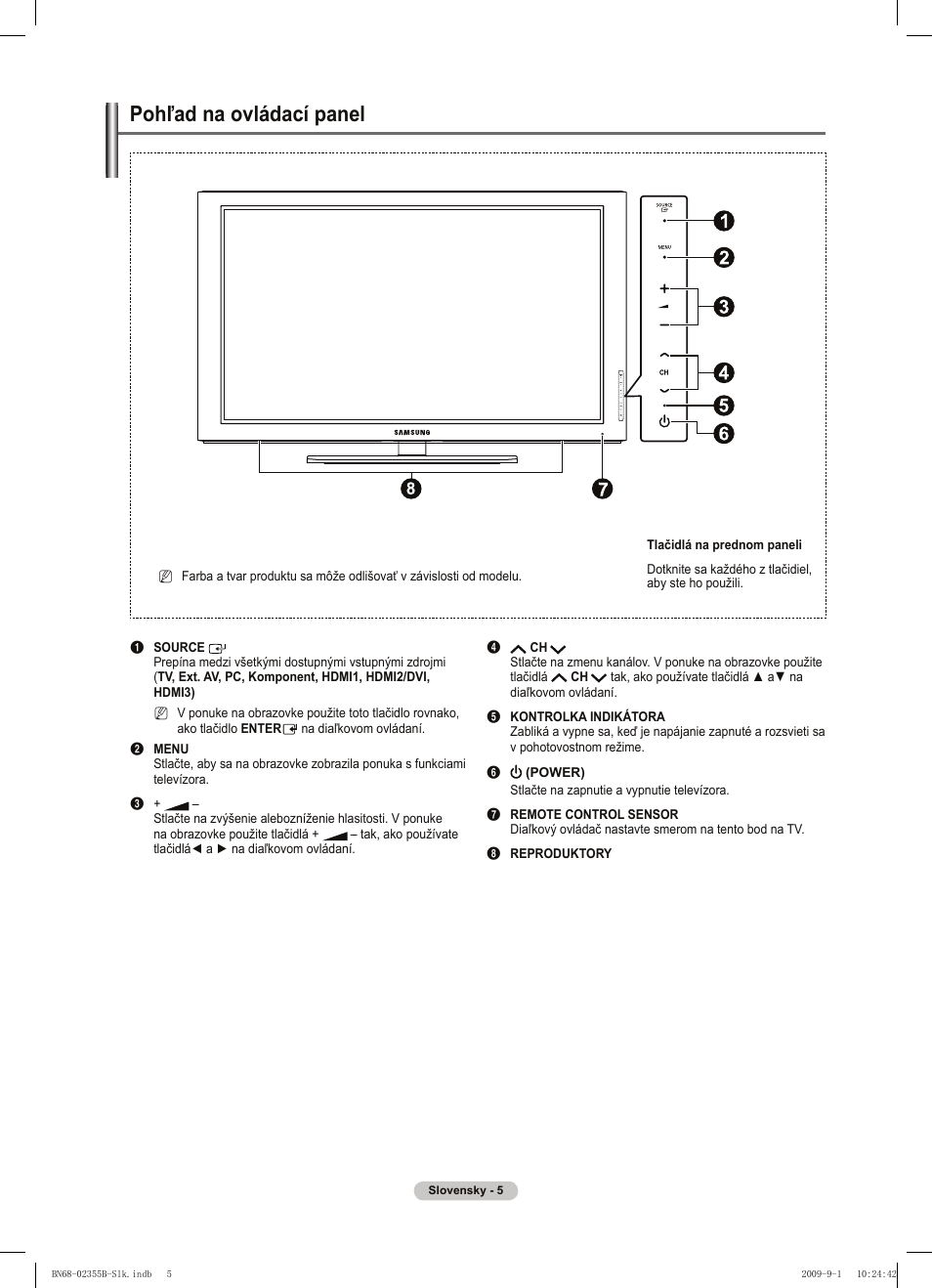 Pohľad na ovládací panel | Samsung PS50B530S2W User Manual | Page 233 / 382