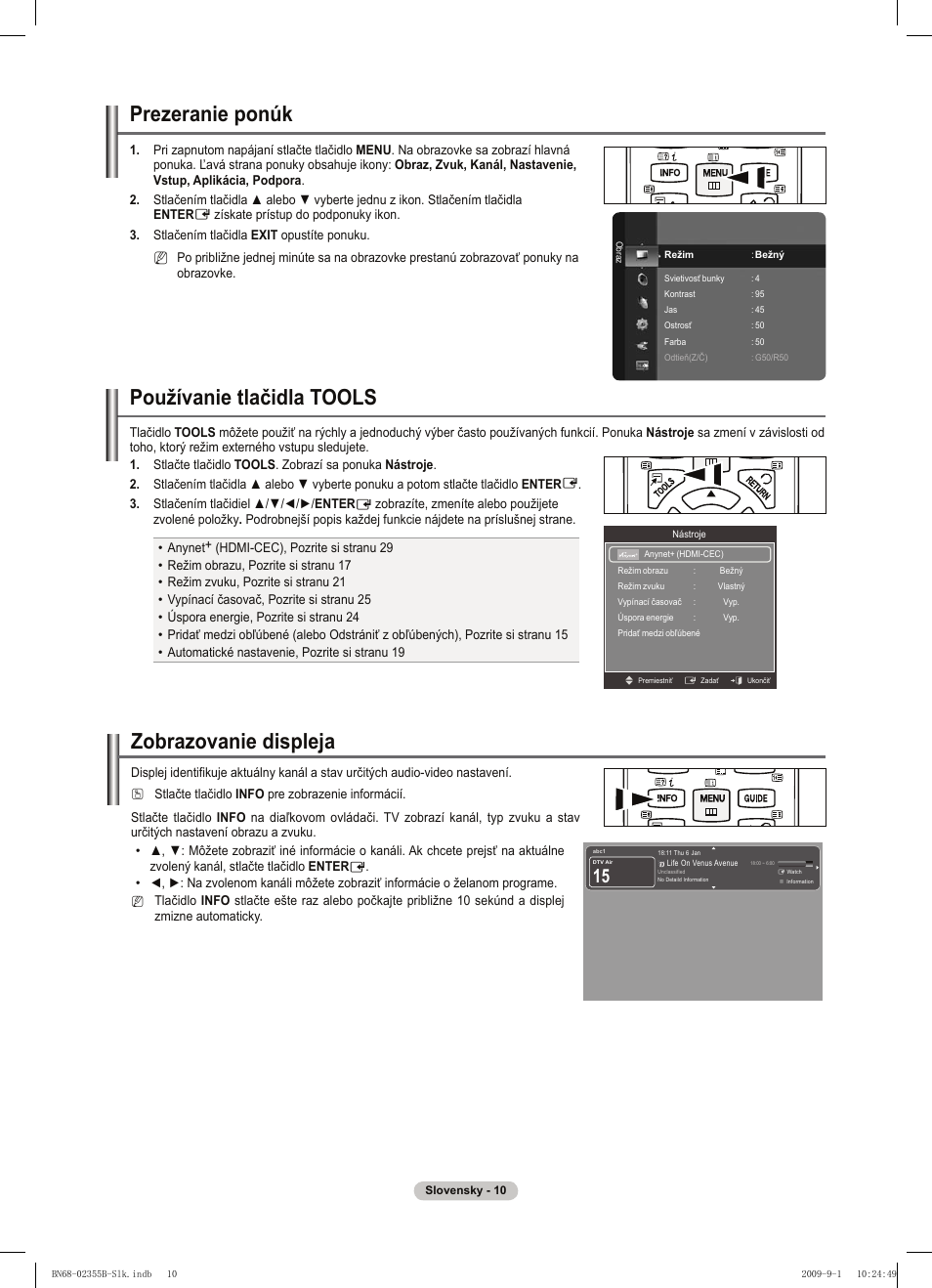 Prezeranie ponúk, Používanie tlačidla tools, Zobrazovanie displeja | Samsung PS50B530S2W User Manual | Page 238 / 382