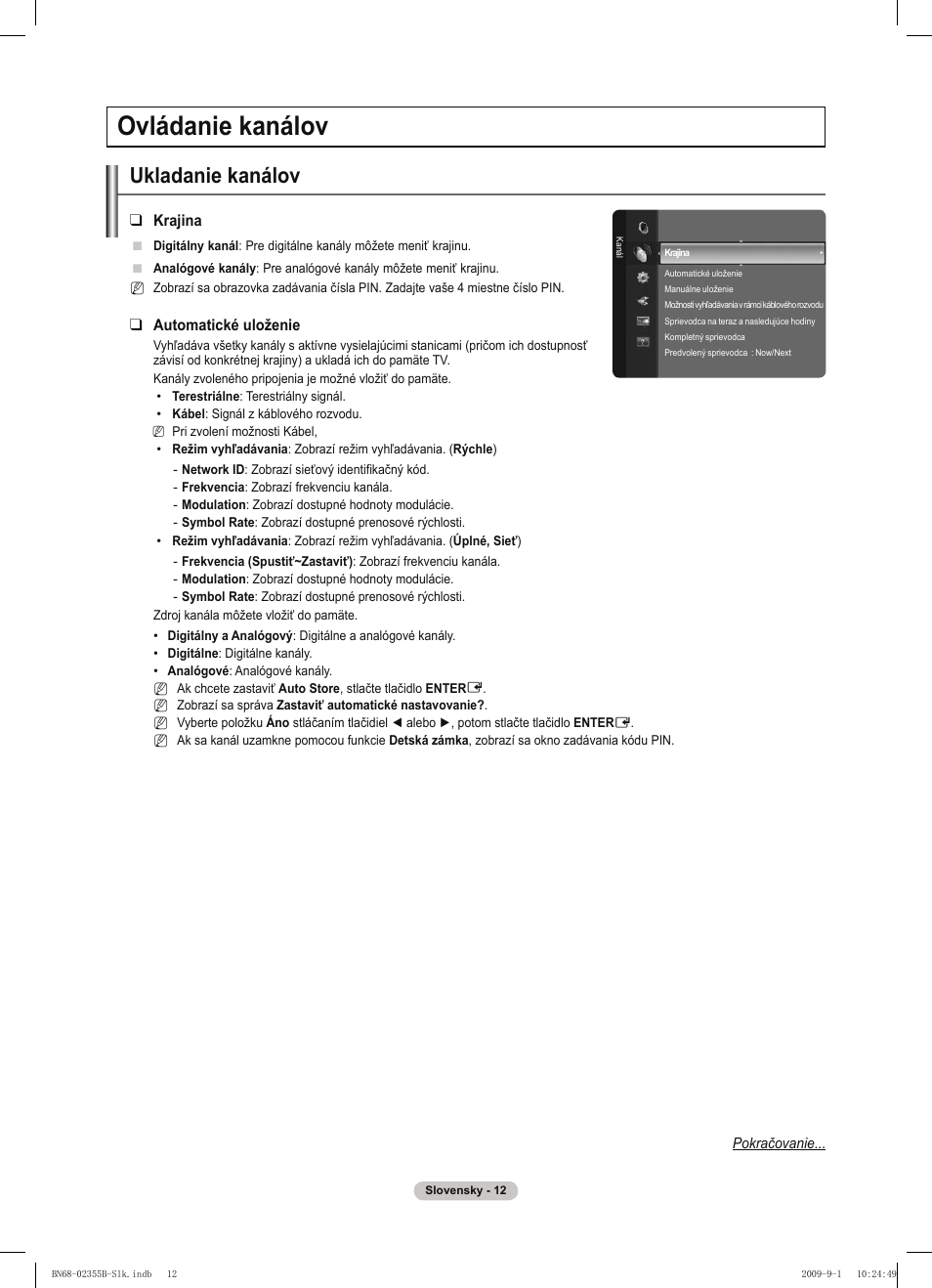 Ovládanie kanálov, Ukladanie kanálov | Samsung PS50B530S2W User Manual | Page 240 / 382