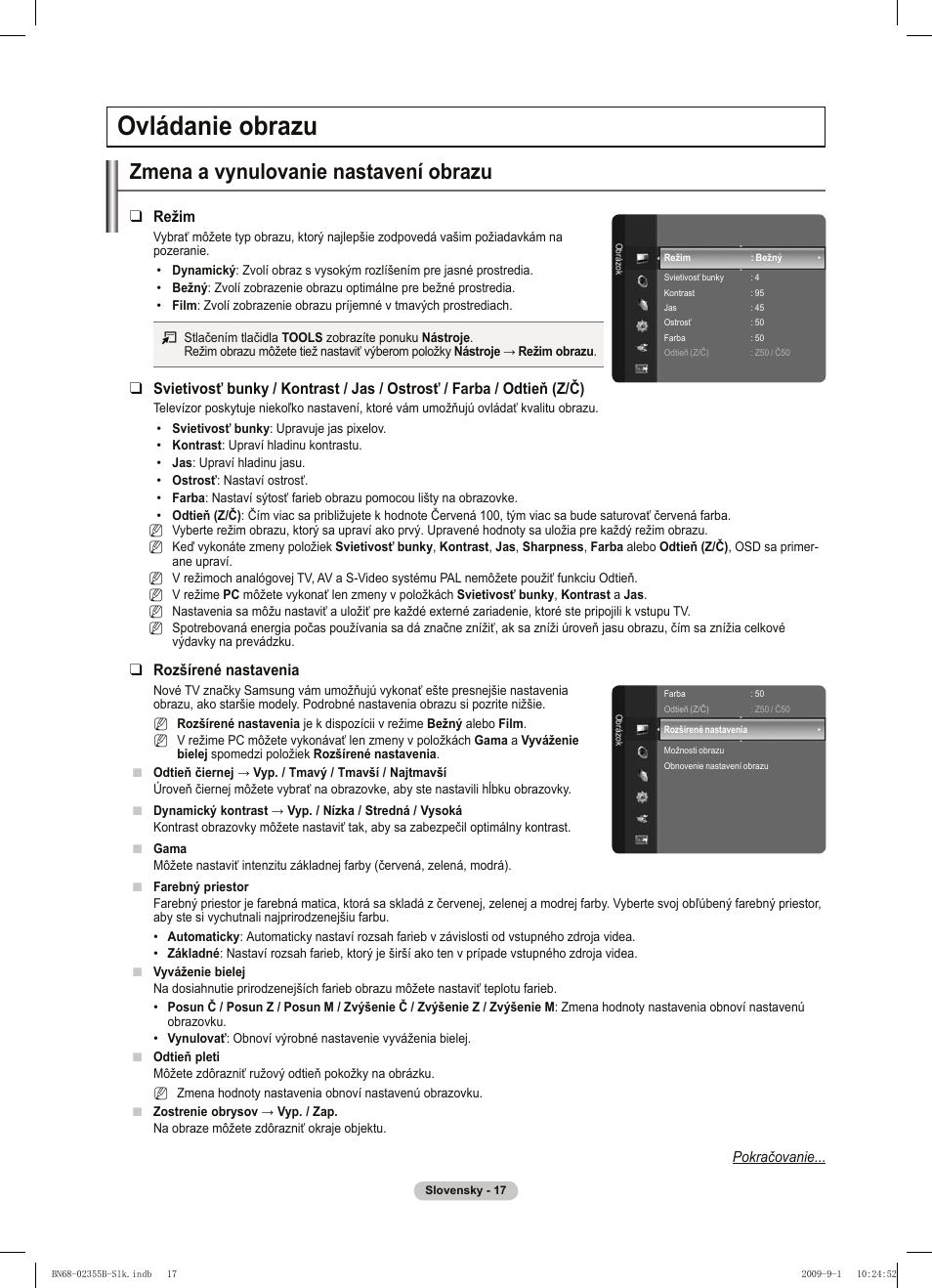 Ovládanie obrazu, Zmena a vynulovanie nastavení obrazu | Samsung PS50B530S2W User Manual | Page 245 / 382