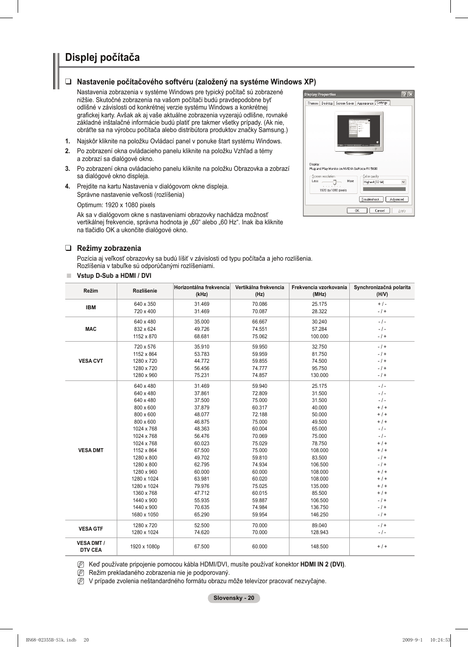 Displej počítača, Režimy zobrazenia | Samsung PS50B530S2W User Manual | Page 248 / 382