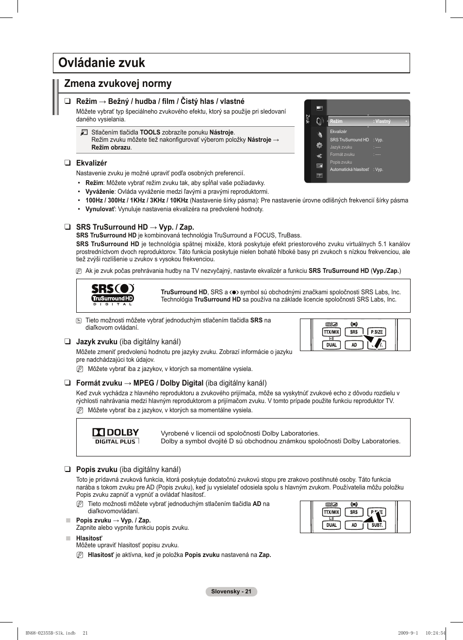 Ovládanie zvuk, Zmena zvukovej normy | Samsung PS50B530S2W User Manual | Page 249 / 382