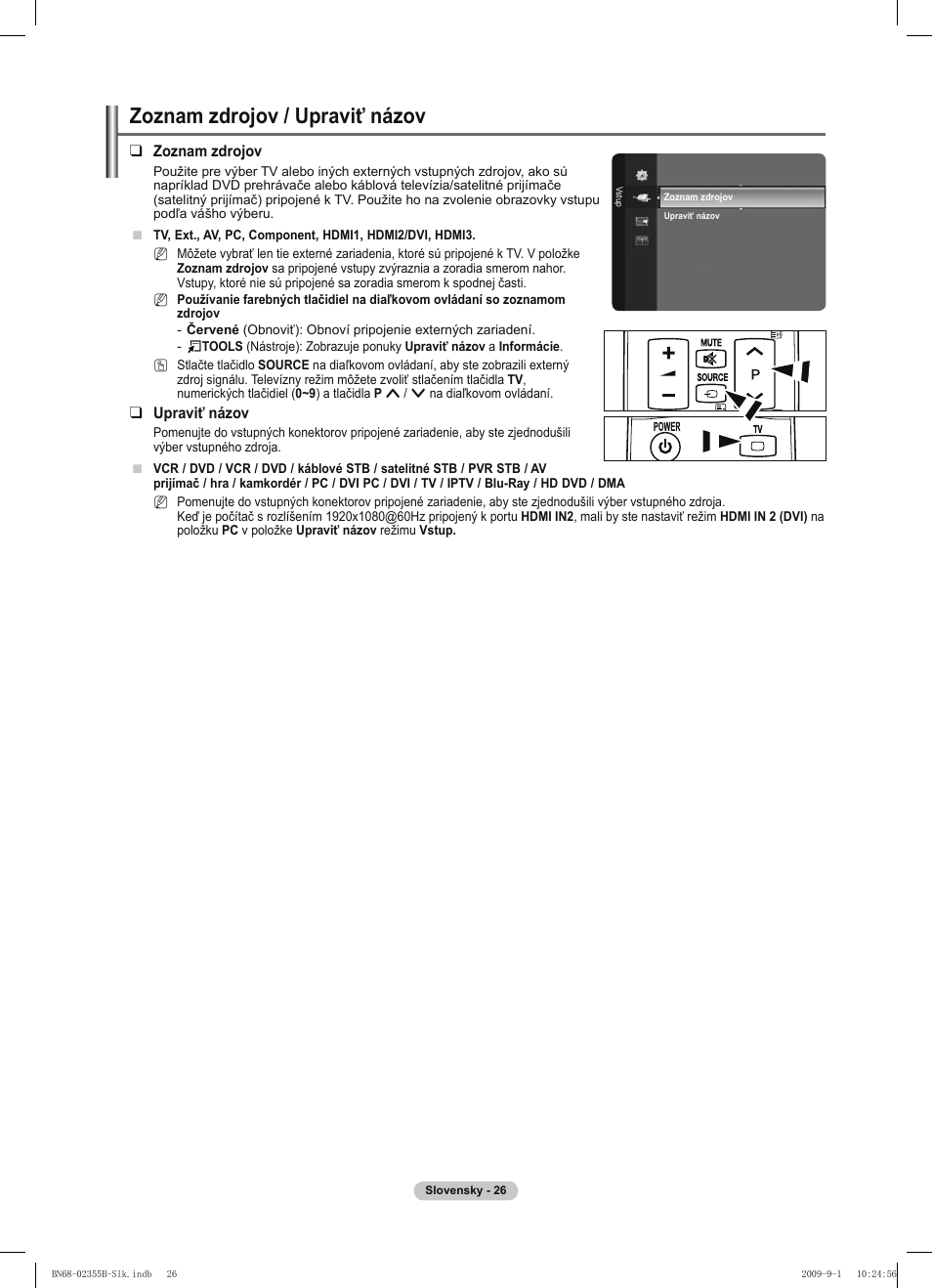 Zoznam zdrojov / upraviť názov | Samsung PS50B530S2W User Manual | Page 254 / 382