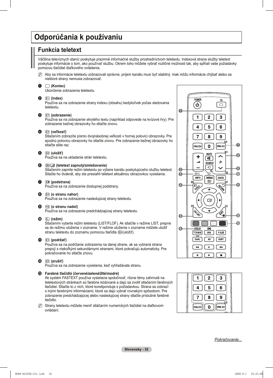 Odporúčania k používaniu, Funkcia teletext | Samsung PS50B530S2W User Manual | Page 260 / 382