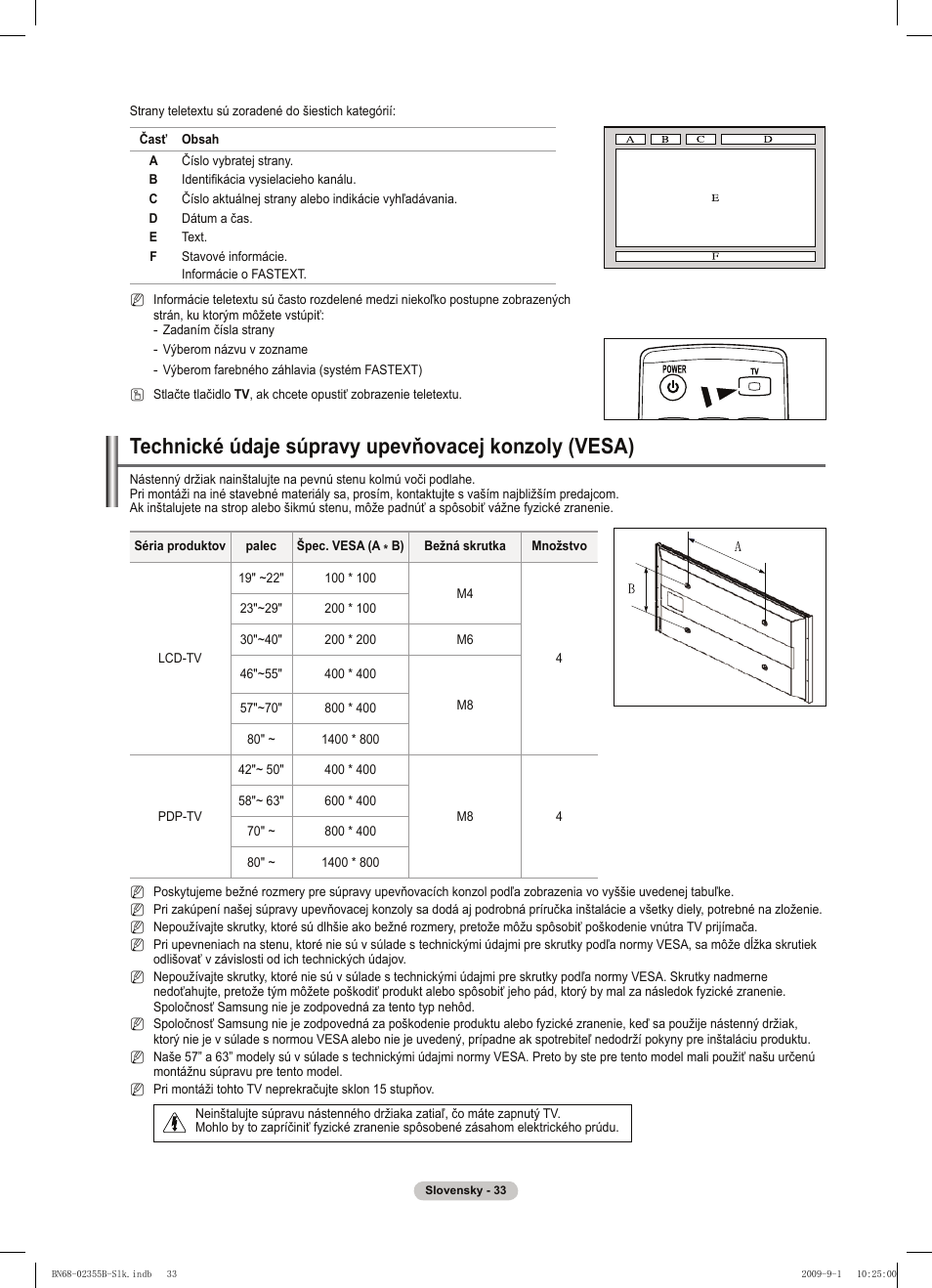 Technické údaje súpravy upevňovacej konzoly (vesa) | Samsung PS50B530S2W User Manual | Page 261 / 382