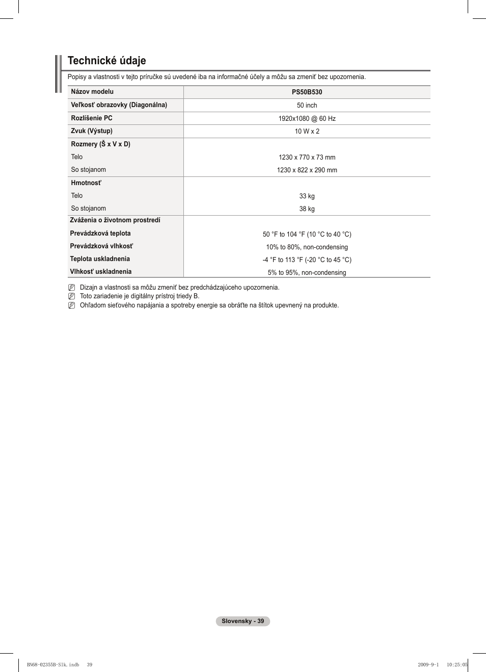 Technické údaje | Samsung PS50B530S2W User Manual | Page 267 / 382